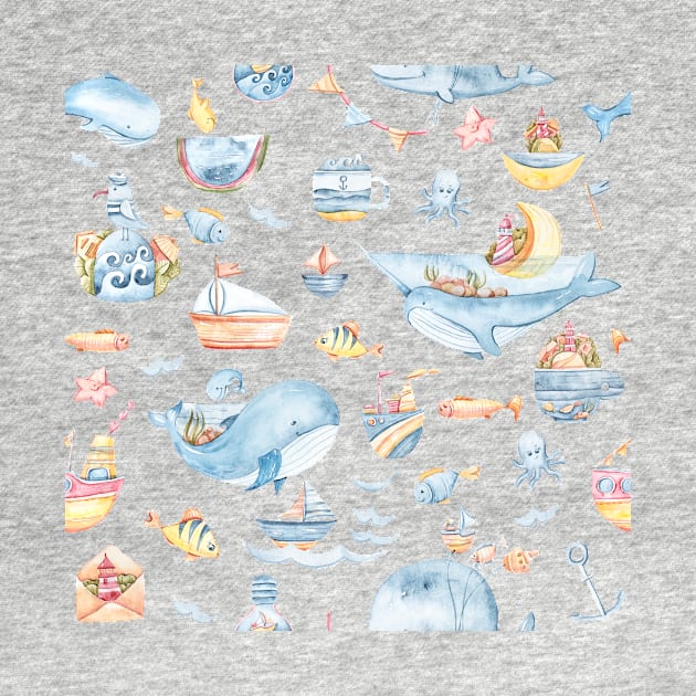 Watercolor cute whales and fish seamless pattern by tiana geo